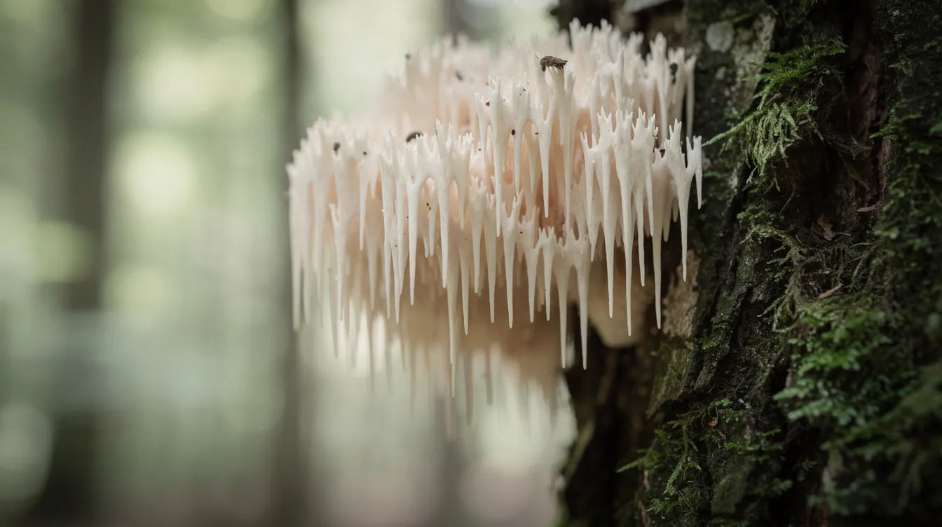 A close-up view of a fresh lion's mane mushroom growing on a tree trunk in a forest, showcasing its unique white cascading spines. This functional mushroom is known for its potential health benefits, including support for cognitive function and overall wellness.