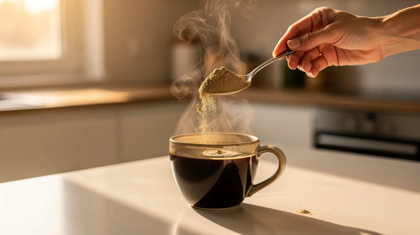 A person is adding a scoop of mushroom powder, likely from functional mushrooms known for their health benefits, into a steaming cup of coffee on a kitchen counter illuminated by morning sunlight. This scene highlights the growing trend of mushroom coffee, which incorporates the nutritional value of edible mushrooms to support overall health and wellness.