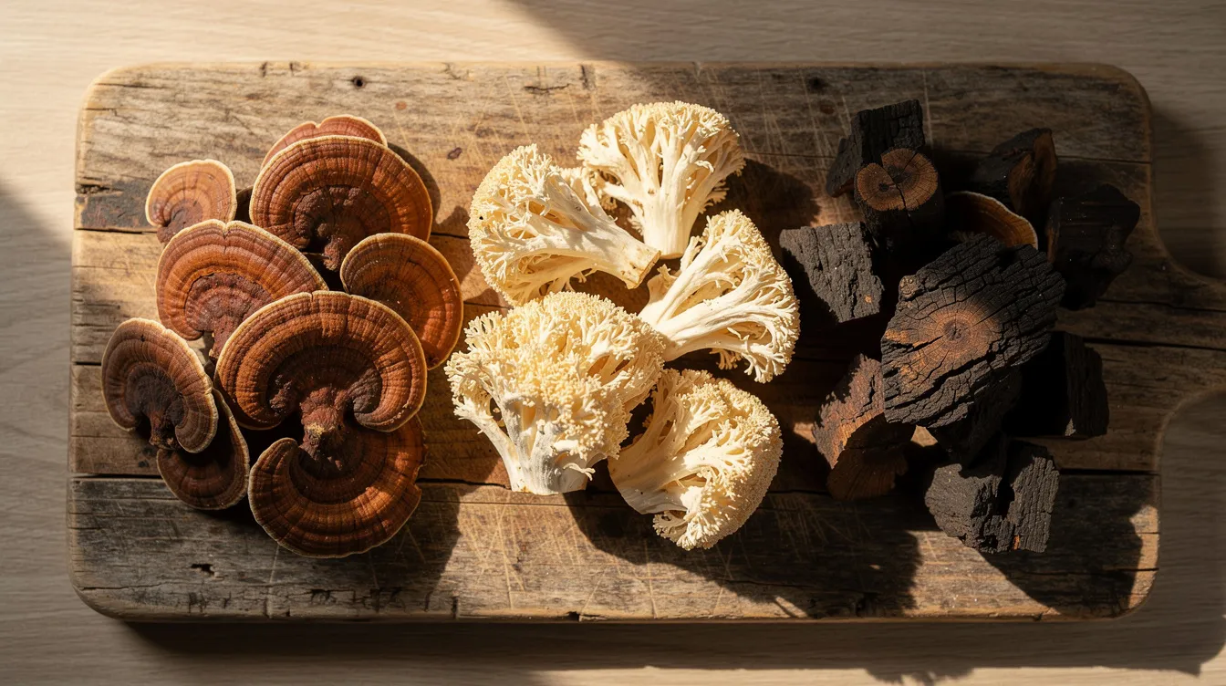 A rustic wooden cutting board displays an assortment of dried functional mushrooms, including reishi, lion's mane, and chaga, known for their various health benefits and use in traditional Chinese medicine. These medicinal mushrooms are often sought after for their nutritional value and potential to support immune function and cognitive health.