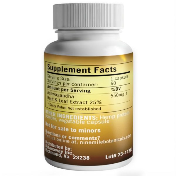 Back Side image of Nine Mile Botanicals Ashwagandha Root Extract 60 Capsules showing importan information Back Side image of Nine Mile Botanicals Ashwagandha Root Extract 60 Capsules showing importan information
