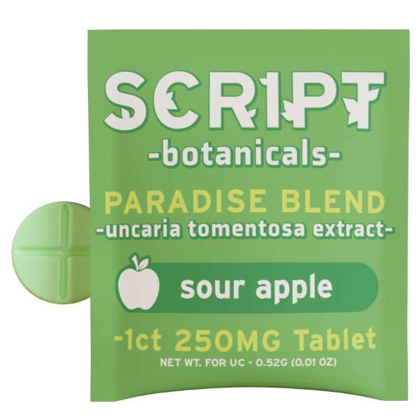 Script Botanicals Paradise Blend Cat's Claw Tablets 1pk 250mg - Sour Apple Script Botanicals Paradise Blend Cat's Claw Tablets 1pk 250mg - Sour Apple