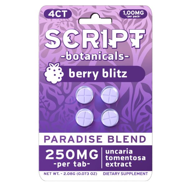 Script Botanicals Paradise Blend Cat's Claw Tablets 4pk 1000mg - Berry Blitz Script Botanicals Paradise Blend Cat's Claw Tablets 4pk 1000mg - Berry Blitz