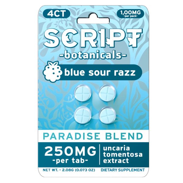 Script Botanicals Paradise Blend Cat's Claw Tablets 4pk 1000mg - Blue Sour Razz Script Botanicals Paradise Blend Cat's Claw Tablets 4pk 1000mg - Blue Sour Razz