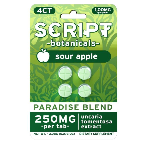 Script Botanicals Paradise Blend Cat's Claw Tablets 4pk 1000mg - Sour Apple Script Botanicals Paradise Blend Cat's Claw Tablets 4pk 1000mg - Sour Apple