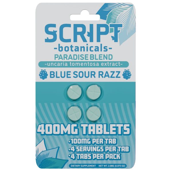 Script Botanicals Paradise Blend Cat's Claw Tablets 4pk 400mg - Blue Sour Razz Script Botanicals Paradise Blend Cat's Claw Tablets 4pk 400mg - Blue Sour Razz