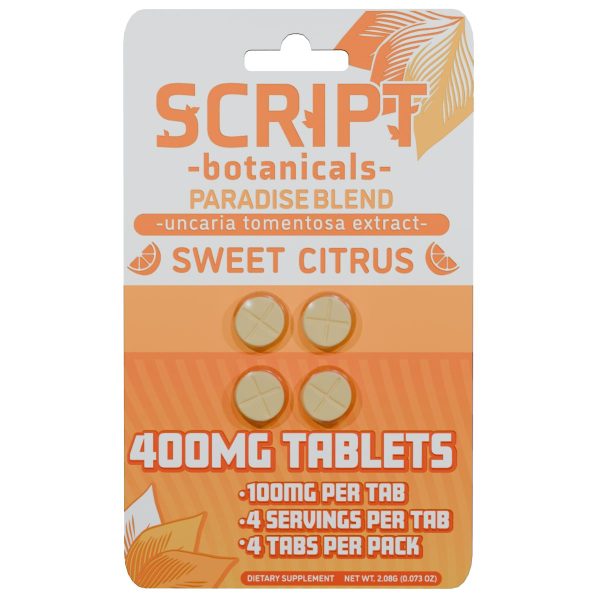 Script Botanicals Paradise Blend Cat's Claw Tablets 4pk 400mg - Sweet Citrus Script Botanicals Paradise Blend Cat's Claw Tablets 4pk 400mg - Sweet Citrus